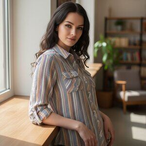 We The Free Striped Button-Up ✦ L Multicolor Rolled Sleeve Shirt ✦ Dual Pockets